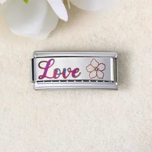 Italienisches Armband-Element aus Edelstahl mit farbigem Love- und Blumen-Lasergravur