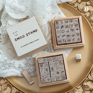 Set of 25 wooden emoji and weather stamps for DIY journaling and decorative scrapbooking