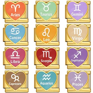 12-teiliges Set Herz-Sternzeichen-Charms für DIY-Modul-Armbänder aus Edelstahl.