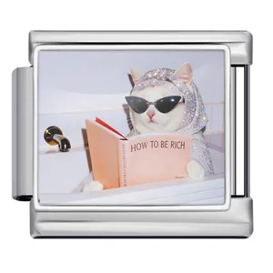 Detail view of Italian charm featuring a white cat reading a book in a bathtub