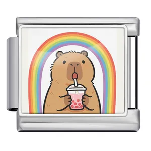 Macro view of Italian charm link featuring a cute capybara and rainbow design