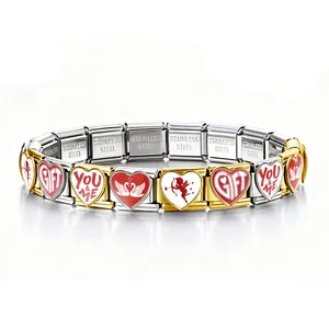 Detail view of Italian modular charm bracelet in stainless steel with heart motifs.