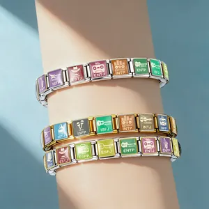 Detailed close-up of modular MBTI stainless steel bracelets with music genre icons on arm