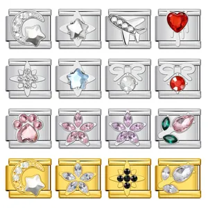 Variety of stainless steel Italian charm links with crystal and colorful stone designs.