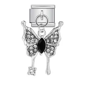 Charm mariposa de acero inoxidable plateado con diamantes para pulseras italianas