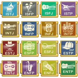 Detailed set of 16 MBTI personality music genre stainless steel DIY bracelet charm links