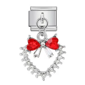 Abalorio italiano de acero inoxidable con lazo de cristal rojo y colgante de corazón