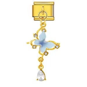 Módulo de charm italiano de acero dorado con colgante de mariposa azul y cristales finos