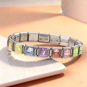 Detail view of DIY stainless steel modular bracelet with MBTI personality icons