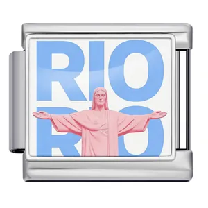 Italian charm link featuring pink Rio Christ the Redeemer statue and blue RIO text