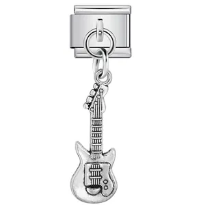 Guitar pendant charm for Italian modular bracelet in stainless steel silver finish