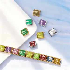 Detailed view of colorful MBTI personality charms for DIY stainless steel bracelets