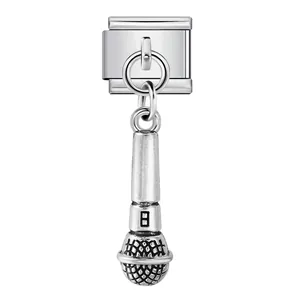 Detailed vintage style stainless steel microphone charm for Italian modular bracelets