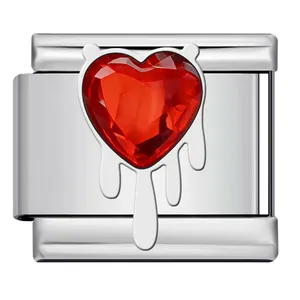 Red faceted heart crystal Italian charm link in polished stainless steel for DIY bracelets