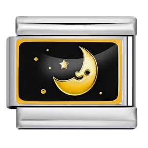 Charm modulare italiano in acciaio inossidabile con smalto luna e stelle in nero e oro
