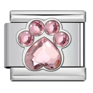 Elegant pink rhinestone paw print Italian charm link crafted in polished stainless steel