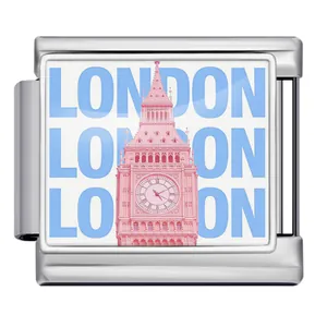 Italian modular charm link with pink London Big Ben and blue text on stainless steel