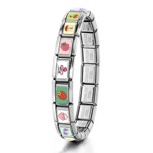 Detailed view of DIY stainless steel Italian charm bracelet with heart and cloud icons