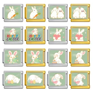 Collection of stainless steel Italian charm links with cute Easter bunny illustrations