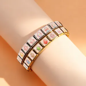 Detail view of gold and silver Easter bunny egg stainless steel modular bracelets