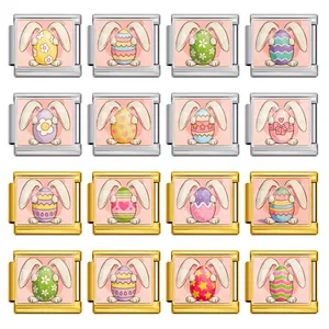 Detailed view of various Easter rabbit and egg patterns on Italian charm bracelet links.