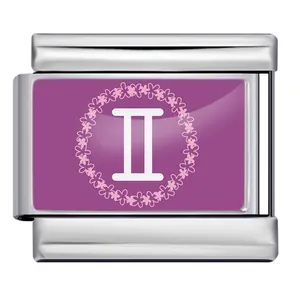 Maillon de breloque modulaire italien Gémeaux en acier inoxydable, design floral violet