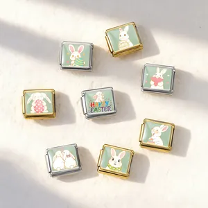 Detailed macro view of cute stainless steel Easter bunny charms for Italian modular bracelets