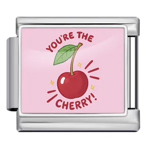 Detail view of Italian charm module with 'You're the Cherry' print on pink background