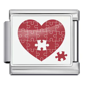 Detailed view of the red heart puzzle pattern on a stainless steel modular bracelet link