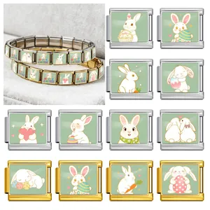 DIY Italian Charm Bracelet Link Stainless Steel Easter Bunny Pattern Happy Easter Pattern Fashion Jewelry Link For Bracelet