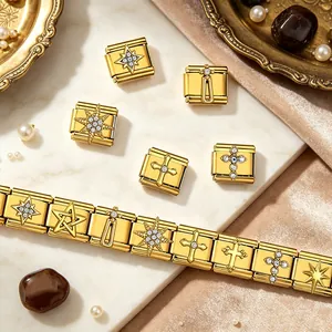 Detailed close-up showing golden stainless steel star and cross modular bracelet charms.