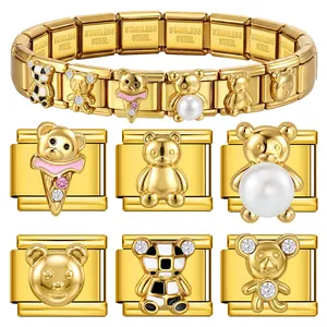 Gold Plated Edelstahl Italienisches Modulares Armband Link DIY Charm Bär Strass Künstliche Perle Emaille Schmuck Für Damen