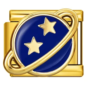 Detailed view of gold Italian charm link with blue Saturn and stars enamel design