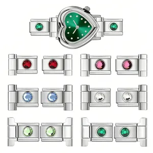 Detailed view of heart-shaped watch head and colorful zircon modular bracelet links