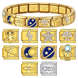 Space Exploration Series Italian Charm Bracelet Links Stainless Steel Astronaut Planet Rocket Airplane Robot Rhinestone Enamel DIY Modular Jewelry Components