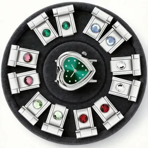 Detail showing colorful zircon Italian modular charms with a heart-shaped watch head