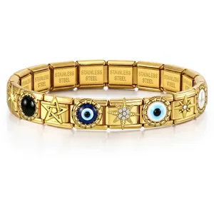 Gold-tone stainless steel Italian modular charm bracelet with Evil Eye and stars