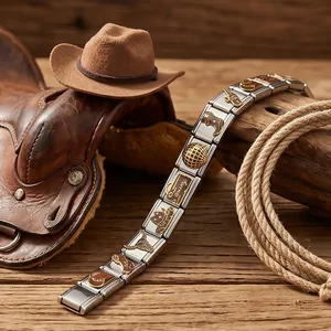 Close-up macro view of vintage cowboy-themed stainless steel Italian modular bracelet