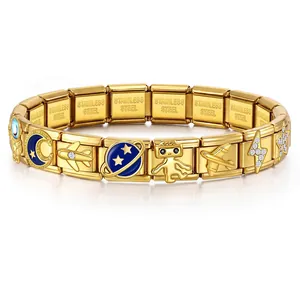 Gold stainless steel Italian charm bracelet with space exploration theme charms.