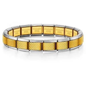 Détail macro d'un bracelet modulaire en acier inoxydable avec textures de grille dorées.