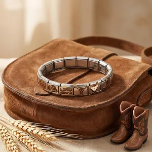 Close-up of vintage cowboy theme Italian charm bracelet in stainless steel design