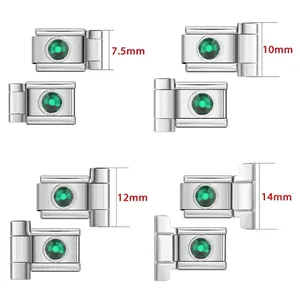 Stainless steel Italian charm links with green zircon dimensions: 7.5mm to 14mm