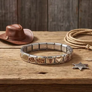 Close-up of vintage cowboy theme Italian charm bracelet in stainless steel with rustic props
