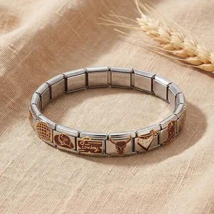 Close-up of vintage cowboy theme Italian modular bracelet with stainless steel charms