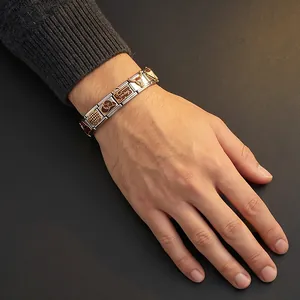 Close-up shot of vintage cowboy theme Italian charm bracelet worn on male wrist