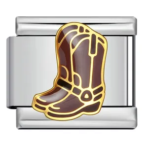 Close-up of cowboy boot charm link for Italian modular bracelet in stainless steel