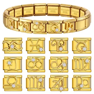 Goldfarbenes Sternzeichen-Armband mit Edelstahl-Charms und Strasssteinen.