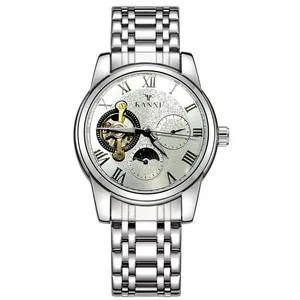 Silver-toned men's automatic mechanical watch featuring a textured white dial.