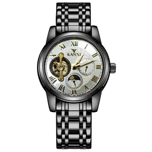 Elegant black stainless steel men's automatic mechanical watch with white textured dial