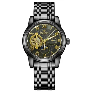 Detailed view of men's automatic mechanical watch with black steel band and golden dial